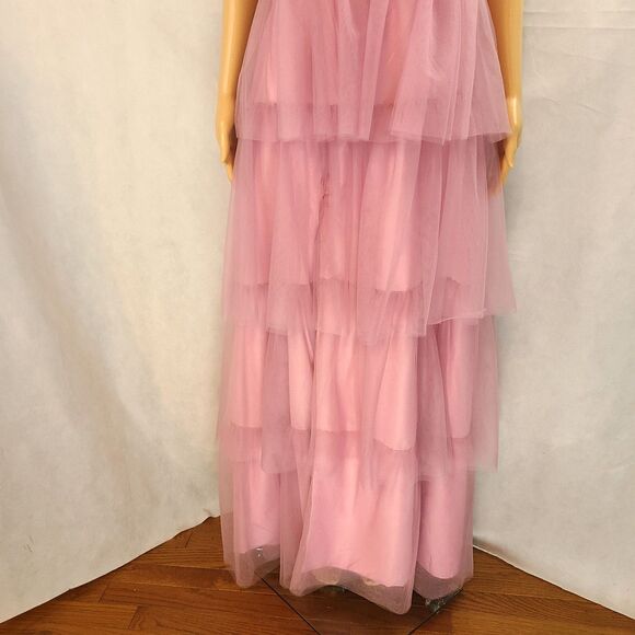New Prom Dress (8) Dusty Rose A-Line Tulle Tiered Layered Long Dress with Slit - Picture 4 of 11